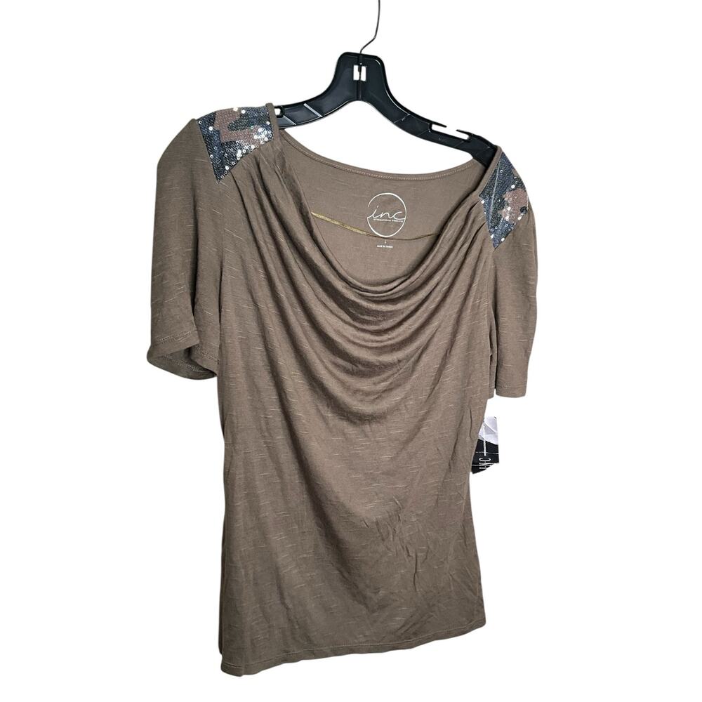 INC International Concepts Sequin Top Cowl Neck Olive Green Womens Size L NWT
